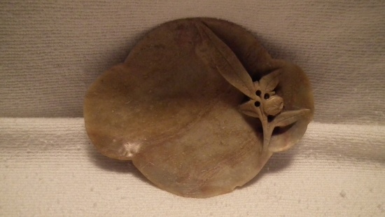 Soapstone, pin tray, leaf w/ fruit, marked China on bottom, 4 5/8”w