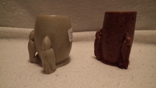 Pair of soapstone TP.  A has 3 birds, marked China on bottom, 2 nicks on top rim, 2”x2.75”.