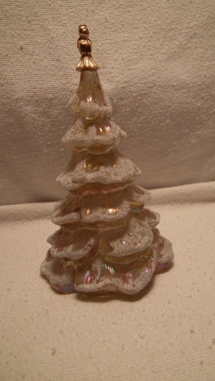 Fenton Christmas tree, gold w/ white branch tips, gold angel on top