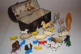 antique lunch box with plastic farm animals