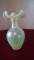 Yellow opalescent with white spiral lines design vase, unmarked, 9” x 5”