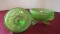 Mosser Glass, luminescent green covered candy dish with three footed dragon legs, sea shell design,