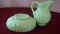 Fenton, green pitcher & bowl set, lily pad; base = marked Fenton, 3 1/4” x 8 ½”; pitcher = unmarked,
