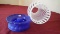 Fenton, bright blue candle holder with globe vase, white spiral design with white top edge on globe,