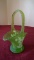 Fenton, lime green handled basket, hand painted daisy, unmarked, 7” x 5”