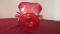 Red stretch glass candy dish with 2 dragon handles, unmarked, 5 1/2” x 7”