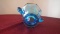 Fenton, clear blue 2 handled candy dish, silver Fenton sticker, marked Fenton, 3” x 5 1/2”