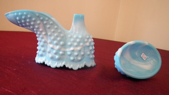 Fenton, blue marbled hobnail boot covered dish, gold Fenton sticker, 3 1/4” x 6 1/4”