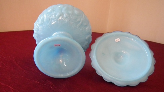 Fenton, blue lily pad covered dish, marked Fenton on both parts, 7 1/4” x 5 1/2”