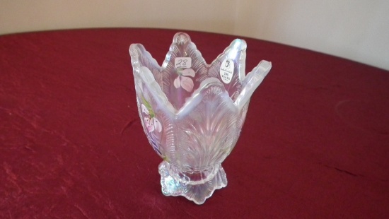 Fenton, clear iridescent hand painted with flowers candle holder, 100 Years 2005 sticker, signed J.