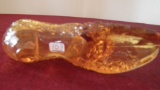 Fenton, topaz clear shoe with cat head, unmarked, 3” x 5 1/2”