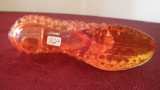 Fenton, orange clear hobnail shoe with cat head, unmarked, 3” x 5 ½'