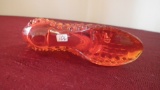 Fenton, orange hobnail shoe with cat head, silver Fenton sticker, 3” x 5 1/2”