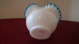 Fenton, white glass with blue edges bowl, crimped top, unmarked, 4” x 5”