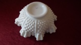 Fenton, white hobnail bowl, crimped top, marked Fenton, 4” x 8”