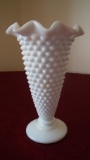 Fenton, white hobnail vase, ruffled top, unmarked, 6” x 3 1/2”