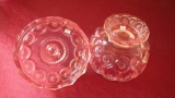 Pink clear covered candy dish, unmarked, 7 1/2” x 6 1/2”