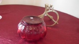 Fenton, red bowl in gold stand, marked F on bottom, brass base made in India, deep mold mark on bott