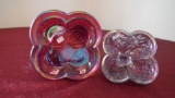Fenton, red carnival lilacs 4 legged candy dish, bottom has roses, marked F, 5” x 4”