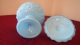 Fenton, blue lily pad covered dish, marked Fenton on both parts, 7 1/4” x 5 1/2”