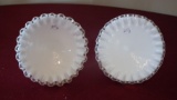 Fenton, white with clear ruffled edge pair of candle sticker holders, unmarked, 3 1/2” x 4 1/2”