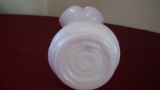 Fenton, white outside, pink inside, wavy top vase, unmarked, 7 1/2” x 4”