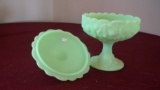 Fenton, light green covered candy dish on pedastal, lily pad, marked Fenton, 7 1/2” x 6”