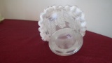Fenton, clear basket with white crimped top rim, butterfly & berry, marked Fenton, authentic Fenton