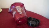 Fenton, red carnival vase on a base, satin finish, hand painted grapes, black composition base, both