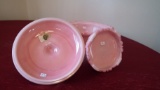 Fenton, 3 piece covered candy dish with base, pink; round base marked Fenton, 1 1/4” x 4 1/4”; dish