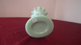 Fenton, lime green hand vase, crimped top rim, unmarked, 8 1/2” x 4 1/4”