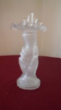 Fenton, clear satin hand vase, jack in the pulpit crimped top, marked Fenton, 9 1/4” x 4 1/4”