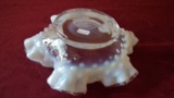 Fenton, small dish, clear & white hobnail, wavy top, marked Fenton, 1 3/4” x 5 3/4”