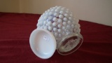Fenton, lidded apothecary jar, clear & white opalescent hobnail, white top, unmarked, 4 1/2” x 4”