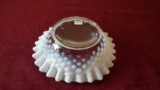 Fenton, white opalescent & clear hobnail bowl, crimped edge, unmarked, 1 3/4” x 5 1/2”