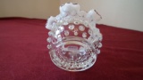 Fenton, clear & white hobnail dish, crimped top, marked Fenton, 1” x 5 3/4”