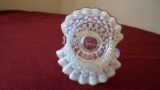 Fenton, clear & white hobnail basket, clear handle, white crimped edge at top, unmarked, 6 1/4” x 4
