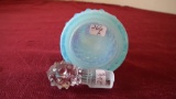 Fenton, blue opalescent hobnail cruet, clear stopper, unmarked, 4 3/4” x 2”