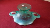 Fenton, aquamarine 2 handled opalescent top bowl, assorted fruits (pear, apple, cherries) inside, ba