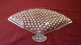 Fenton, clear & white hobnail fan dish, scalloped edge, white opalescent on 1 edge, clear on other e