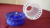 Fenton, bright blue candle holder with globe vase, white spiral design with white top edge on globe,