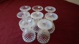 Fenton, set of 8 wine glasses, clear & white hobnail, opalescent bottom & top rims, unmarked, 4” x 2