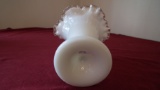 Fenton, white vase, clear crimped top edge, unmarked, 6 1/2” x 5”