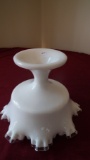 Fenton, white candy dish on pedastal with clear crimped top, matches #276, unmarked, 6 ¼” x 7 1/2”