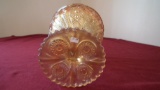 Carnival with orange pedastal candy dish, toothed rim, unmarked, 7 ½” x 6 1/2”