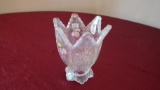 Fenton, clear iridescent hand painted with flowers candle holder, 100 Years 2005 sticker, signed J.