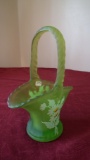 Fenton, lime green handled basket, hand painted daisy, unmarked, 7” x 5”