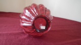 Fenton, cranberry crimped top vase, marked Fenton, 5 1/4” x 5”