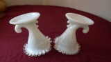 Fenton, pair of white cornacopia vase with clear edges at top, unmarked, 6” x 5”