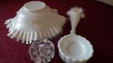 Fenton, vase in a bowl with frog, white with clear top edge on bowl & flute, all white base; vase =